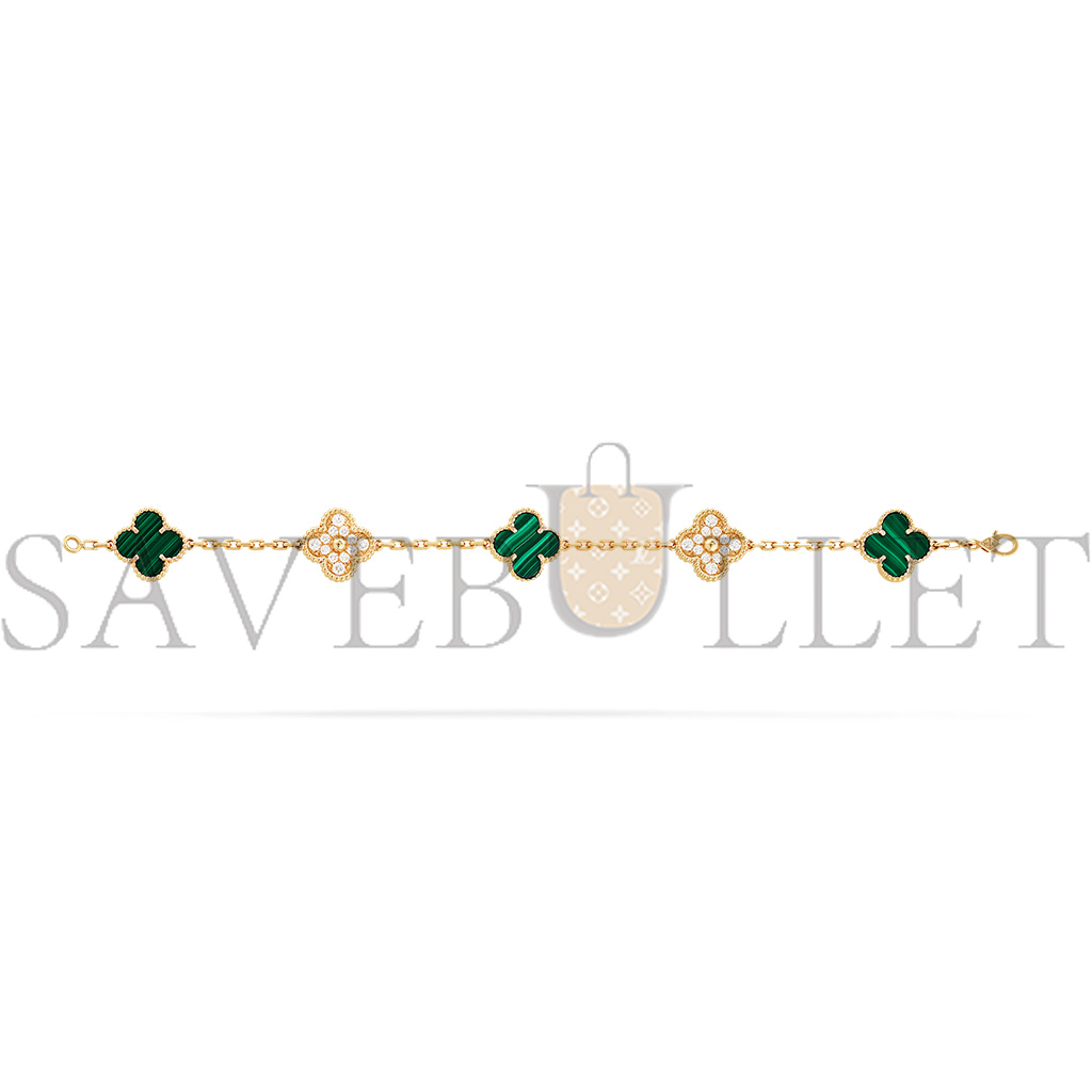VAN CLEEF ARPELS VINTAGE ALHAMBRA BRACELET, 5 MOTIFS - YELLOW GOLD, DIAMOND, MALACHITE  VCARO7GQ00